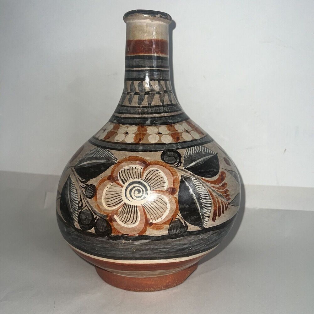 VTG Tonala Vase Floral Art Pottery Folk Art Muted Orange, Gray, Cream